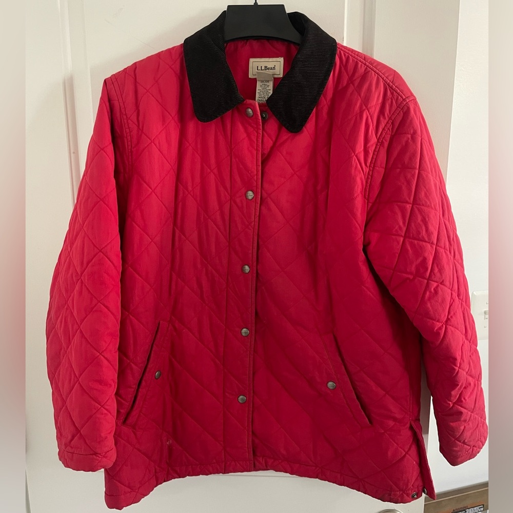 LL Bean Red Vintage Quilted Barn Jacket with Corduroy Collar